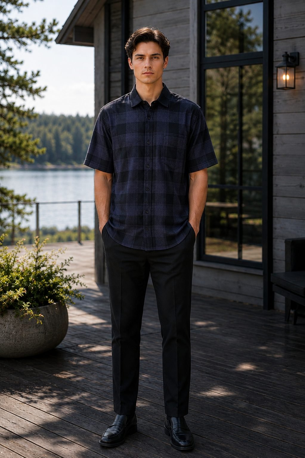Cascade Short Sleeve Check Shirt - Navy