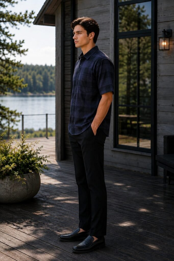 Cascade Short Sleeve Check Shirt - Navy